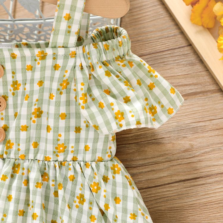 2pcs Baby Girl All Over Floral Print Plaid Cold Shoulder Short-sleeve Dress with Hat Set Green