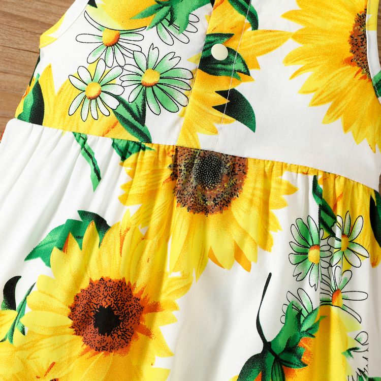 100% Cotton Baby Girl All Over Sunflowers Floral Print Sleeveless Snap Jumpsuit Pale Yellow