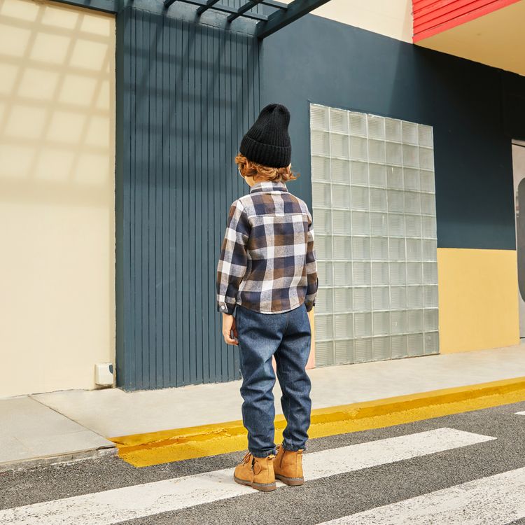 2-piece Toddler Boy Button Design Long-sleeve Plaid Shirt and Ripped Denim Jeans Set Khaki