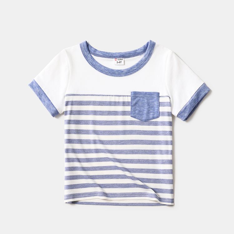 Family Matching Blue Striped V Neck Drop Shoulder Button Up Belted Dresses and Short-sleeve T-shirts Sets Blue