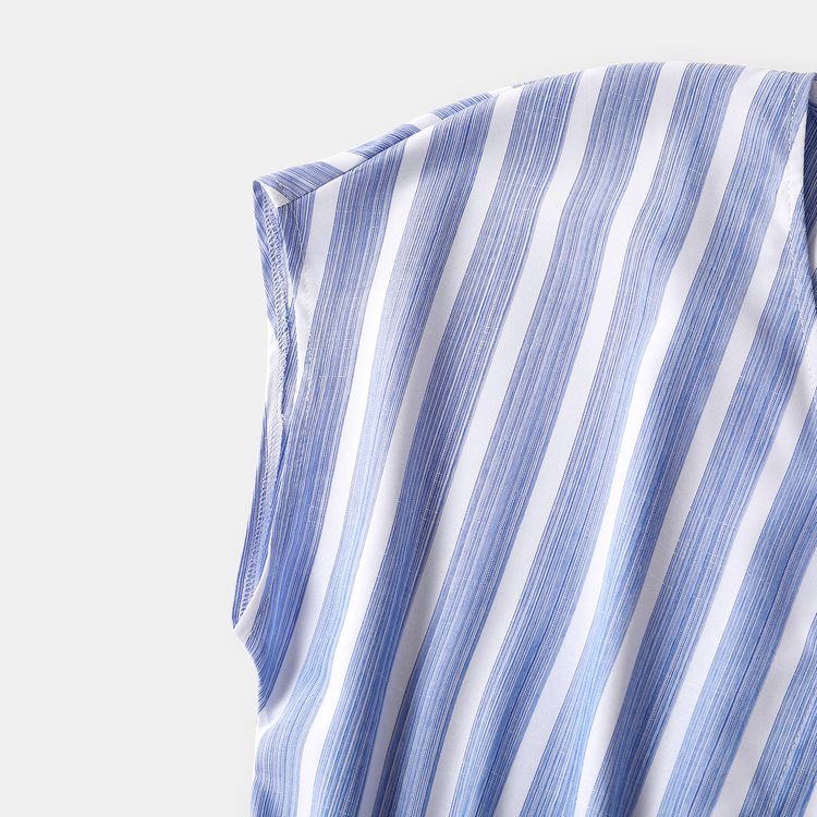 Family Matching Blue Striped V Neck Drop Shoulder Button Up Belted Dresses and Short-sleeve T-shirts Sets Blue