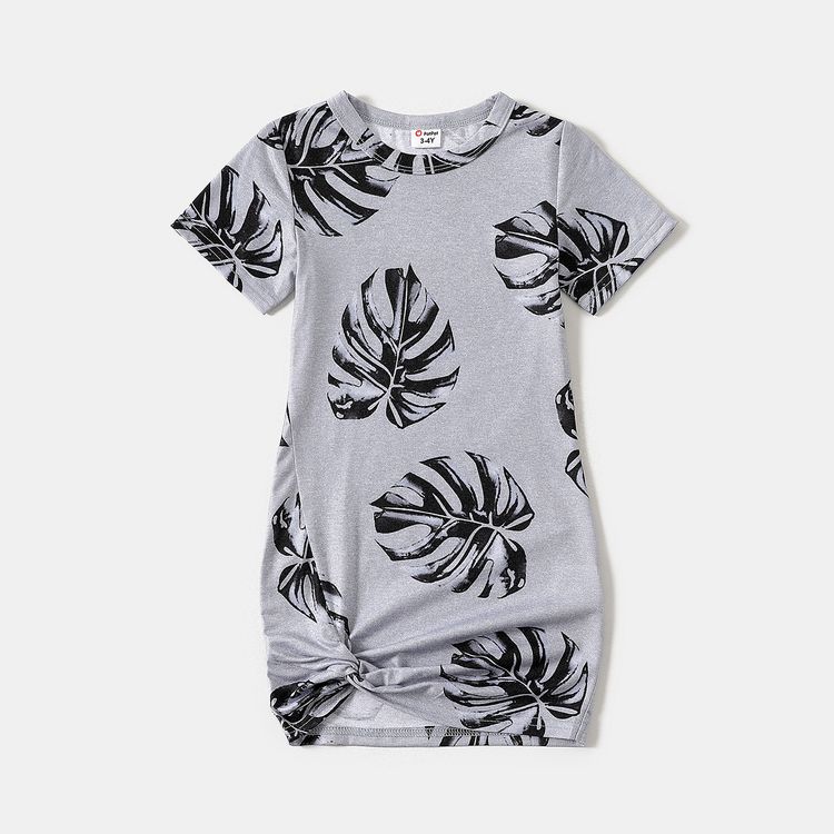 Allover Palm Leaf Print Grey Short-sleeve Twist Knot Bodycon Dress for Mom and Me MiddleAsh