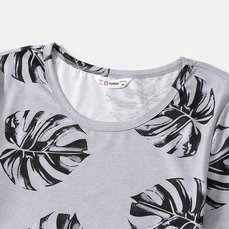 Allover Palm Leaf Print Grey Short-sleeve Twist Knot Bodycon Dress for Mom and Me MiddleAsh
