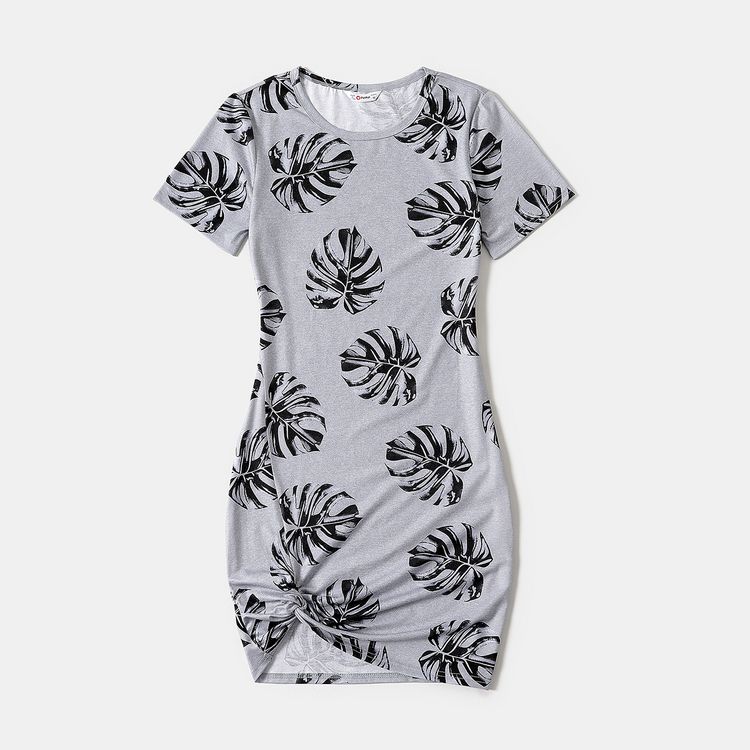 Allover Palm Leaf Print Grey Short-sleeve Twist Knot Bodycon Dress for Mom and Me MiddleAsh