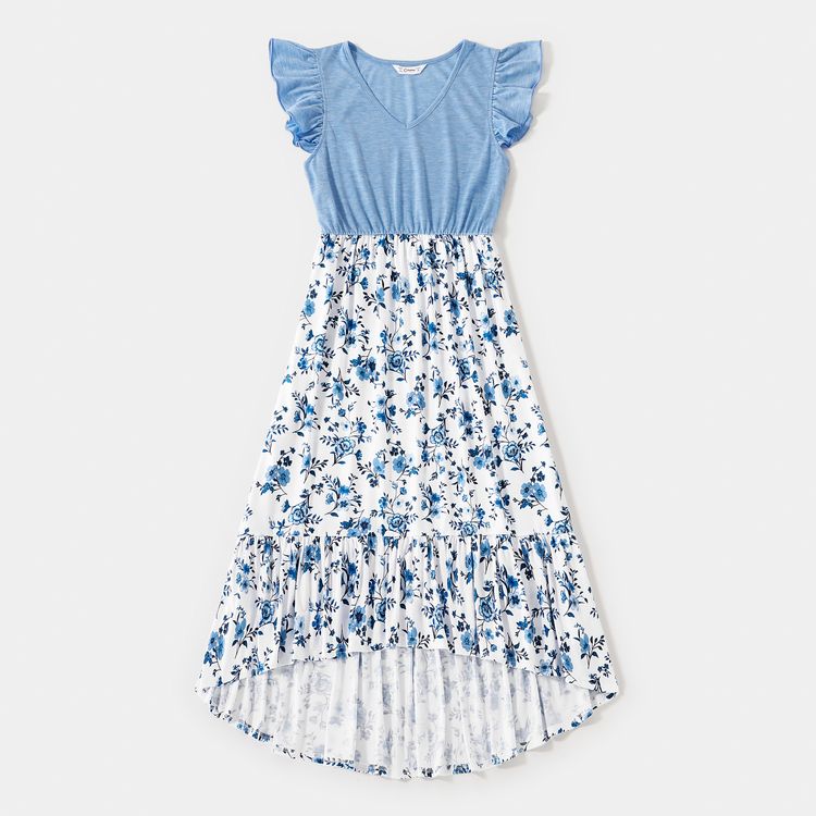 Family Matching Light Blue V Neck Flutter-sleeve Splicing Floral Print Irregular Hem Dresses and Striped T-shirts Sets Light Blue
