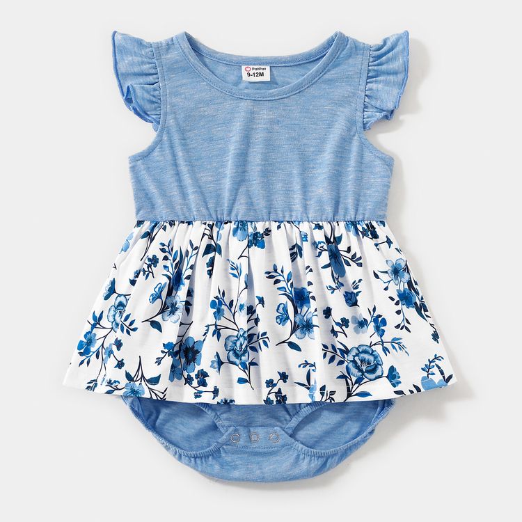 Family Matching Light Blue V Neck Flutter-sleeve Splicing Floral Print Irregular Hem Dresses and Striped T-shirts Sets Light Blue