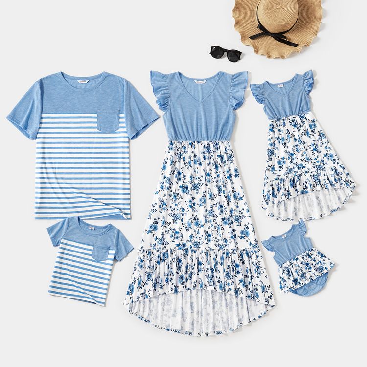Family Matching Light Blue V Neck Flutter-sleeve Splicing Floral Print Irregular Hem Dresses and Striped T-shirts Sets Light Blue