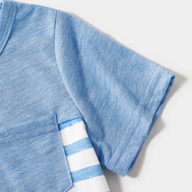 Family Matching Light Blue V Neck Flutter-sleeve Splicing Floral Print Irregular Hem Dresses and Striped T-shirts Sets Light Blue