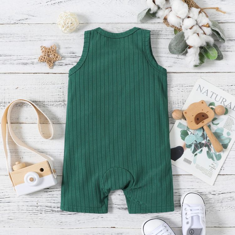 Baby Boy Button Design Solid Ribbed Sleeveless Tan Romper with Pocket Army green