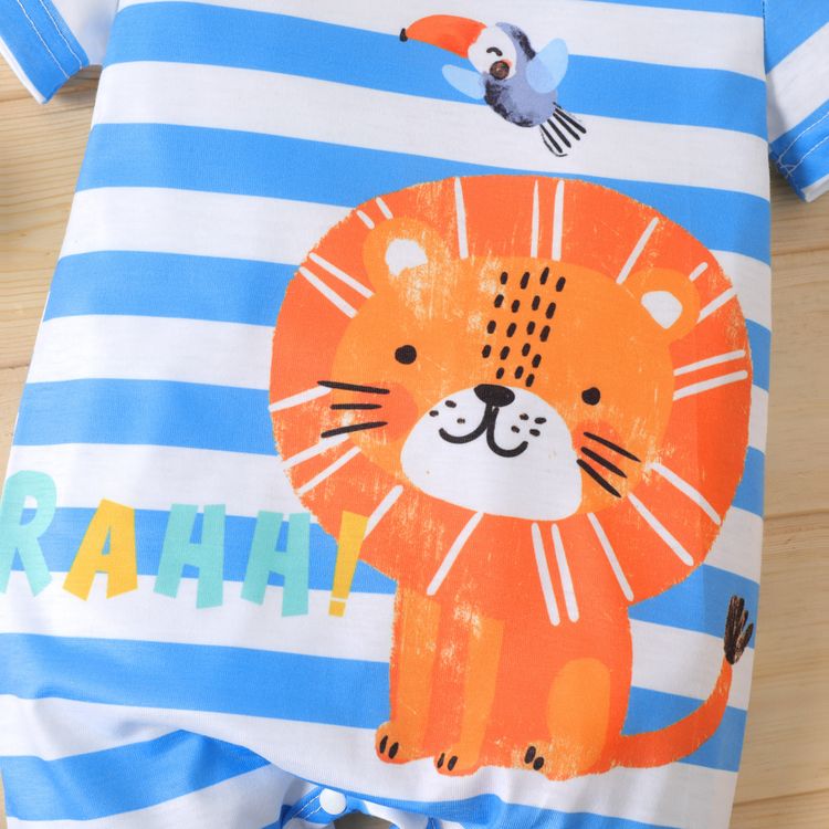 Baby Boy Cartoon Lion Print Blue Striped Short-sleeve Romper Color block