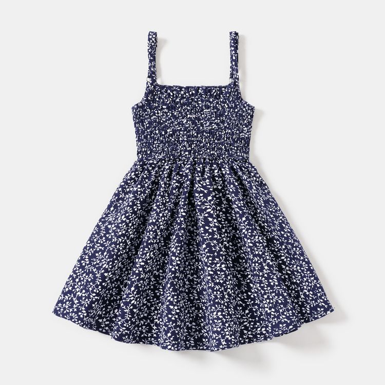 Family Matching Floral Print Off Shoulder Strapless Shirred Dresses and Colorblock Short-sleeve T-shirts Sets Deep Blue