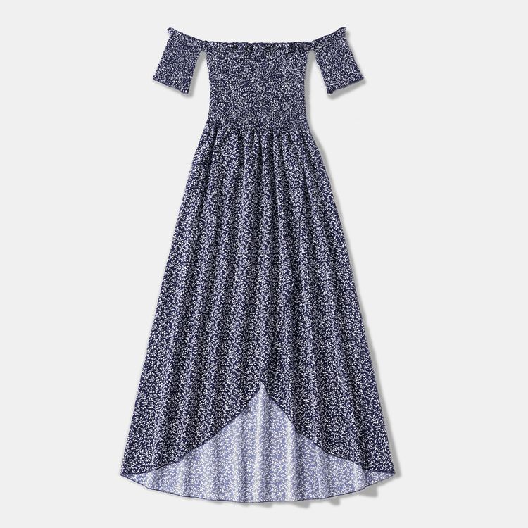 Family Matching Floral Print Off Shoulder Strapless Shirred Dresses and Colorblock Short-sleeve T-shirts Sets Deep Blue