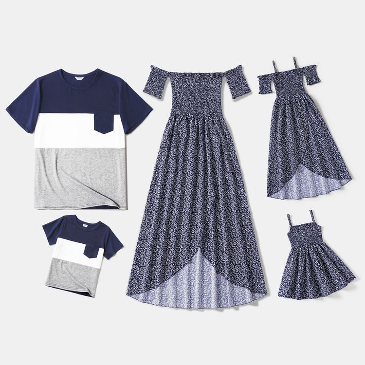Family Matching Floral Print Off Shoulder Strapless Shirred Dresses and Colorblock Short-sleeve T-shirts Sets Deep Blue