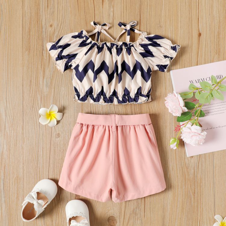 2-piece Toddler Girl Chevron Stripes Off Shoulder Ruffled Strap Top and Button Design Belted Pink Shorts Set Pink