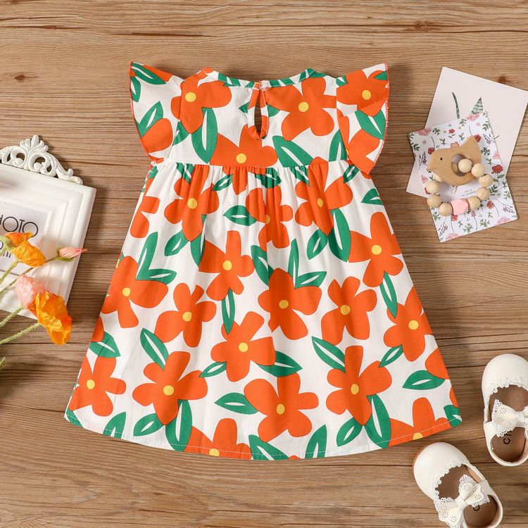 100% Cotton Baby Girl All Over Floral Print Flutter-sleeve Dress Orange