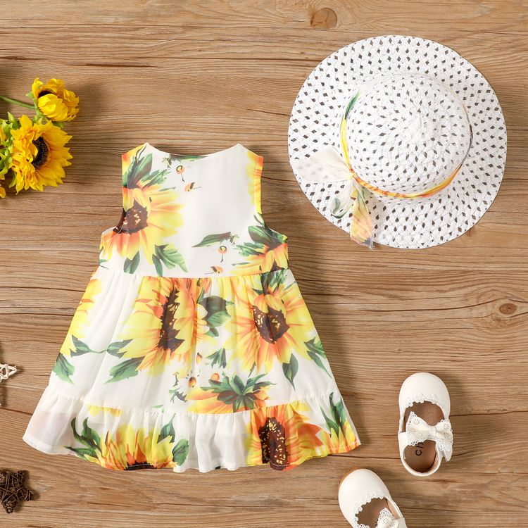 2pcs Baby Girl Sunflower Floral Print Sleeveless Button Bowknot Ruffle Dress with Hat Set Yellow