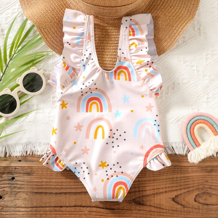 Baby Girl All Over Rainbow Print Sleeveless Ruffle One-Piece Swimsuit Colorful