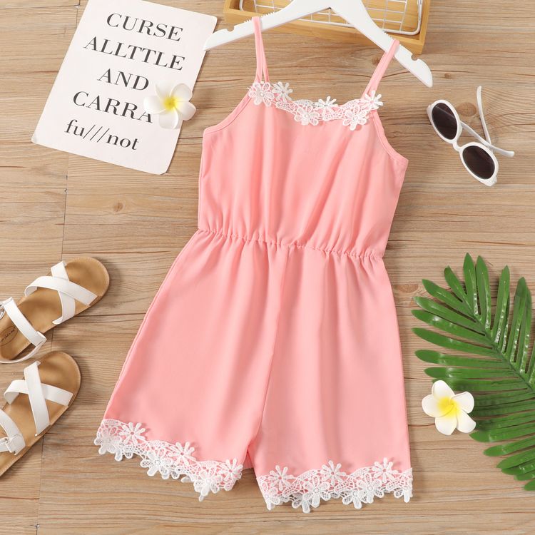 Kid Girl Floral Lace Design Solid Color Cami Rompers Jumpsuits Shorts Pink
