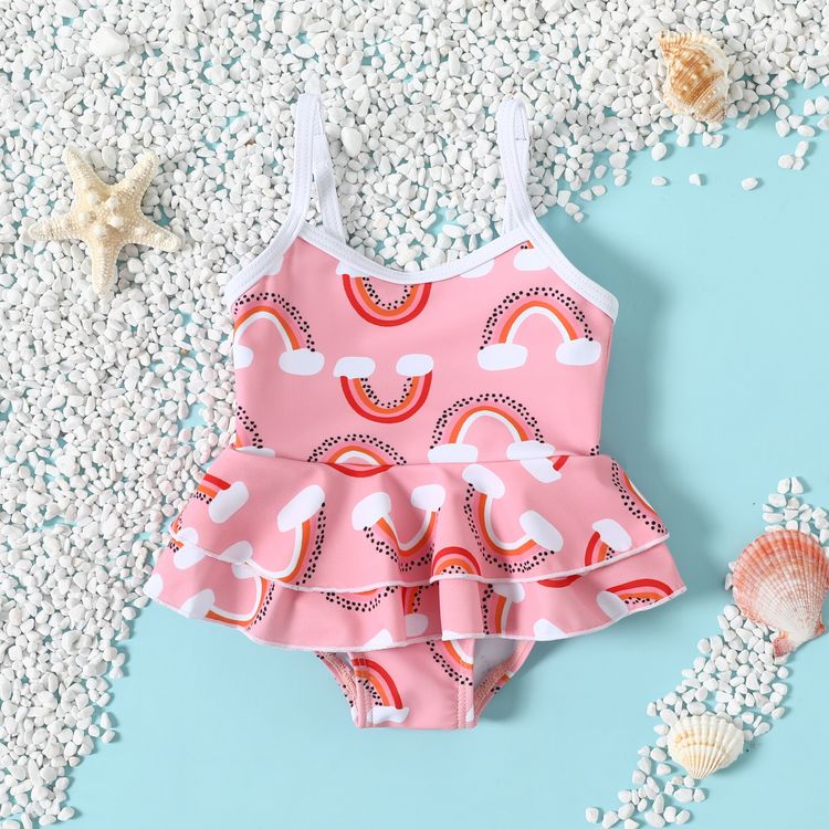 Baby Girl All Over Rainbow Print Pink Spaghetti Strap Layered One-Piece Swimsuit Pink