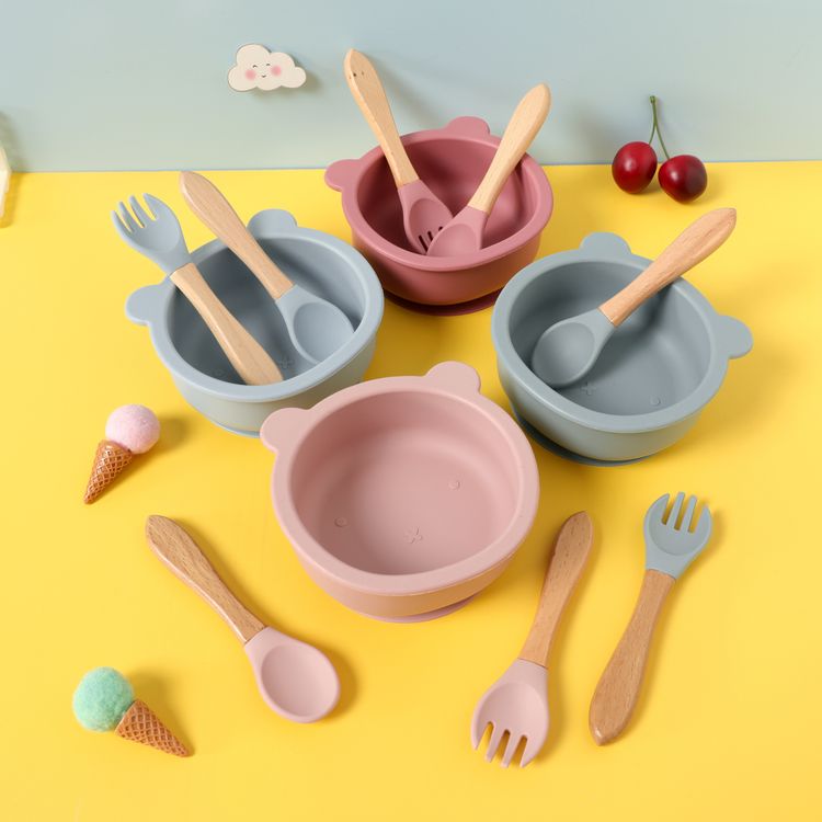 3-pack Baby Cute Cartoon Bear Silicone Suction Bowl and Fork Spoon with Wooden Handle Baby Toddler Tableware Dishes Self-Feeding Utensils Set for Self-Training Light Pink
