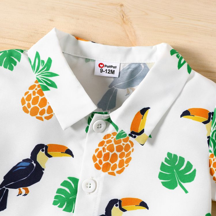 2pcs Baby Boy 100% Cotton Shorts with All Over Parrot and Pineapple Print Short-sleeve Shirt Set Color block