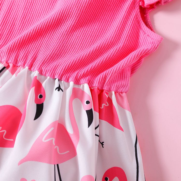 Toddler Girl Ribbed Flamingo Allover Ruffle Decor Flutter-sleeve Dress Peach