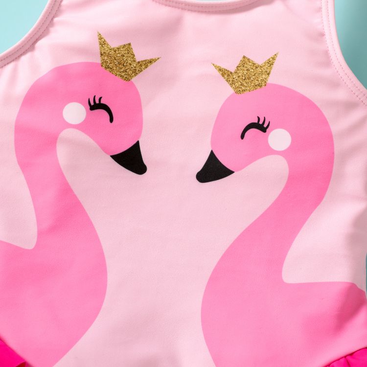Toddler Girl Flamingo Print Glitter Crowm Design Ruffled One Shoulder Strap Swimsuit Pink
