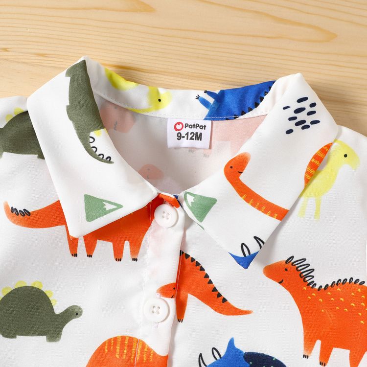 2pcs Baby Boy 100% Cotton Shorts and All Over Dinosaur Print Button Up Short-sleeve Shirt Set Color block