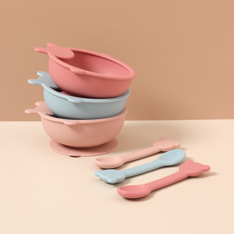 2-pack Cartoon Shape Food Grade Silicone Baby Toddler Self-Feeding Bowl Spoon Utensils Set for Self-Training Light Pink
