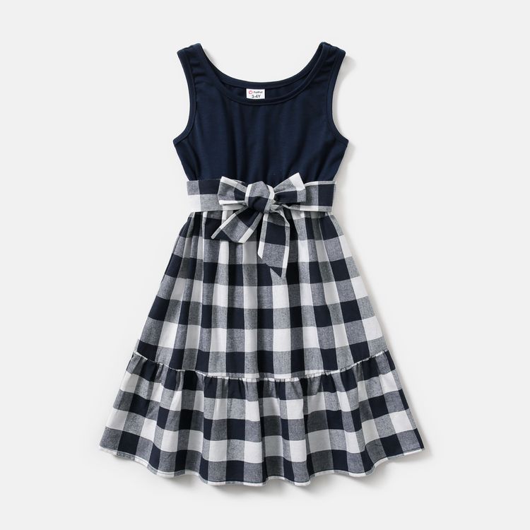 Solid and Plaid Splicing U Neck Tank Dress for Mom and Me Tibetanblue