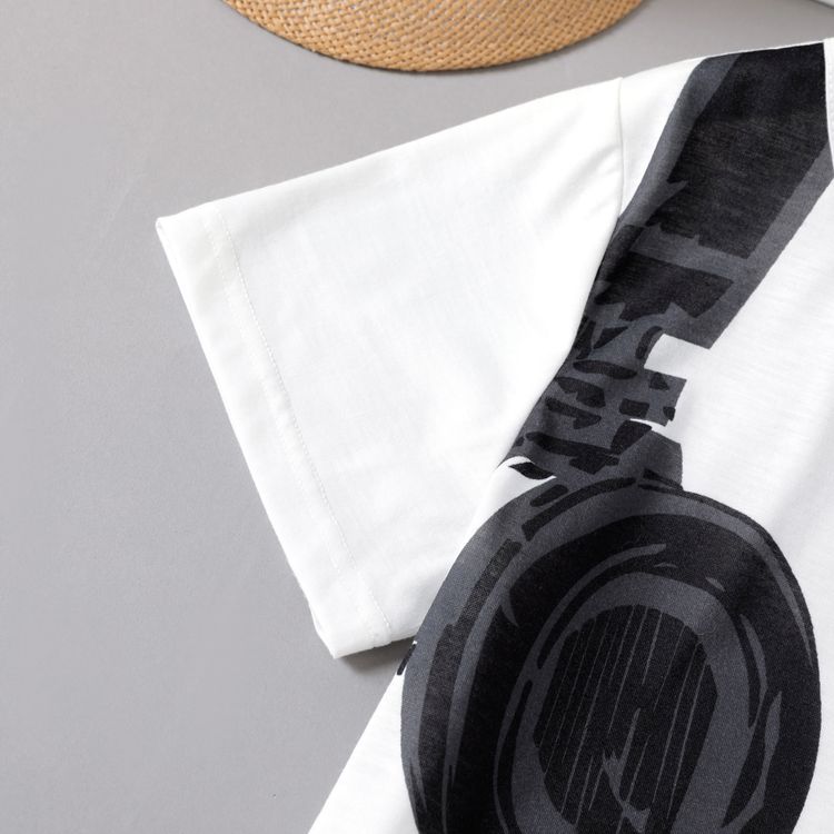 2pcs Kid Boy Headphone Print Short-sleeve White Tee and Khaki Shorts Set Purewhite