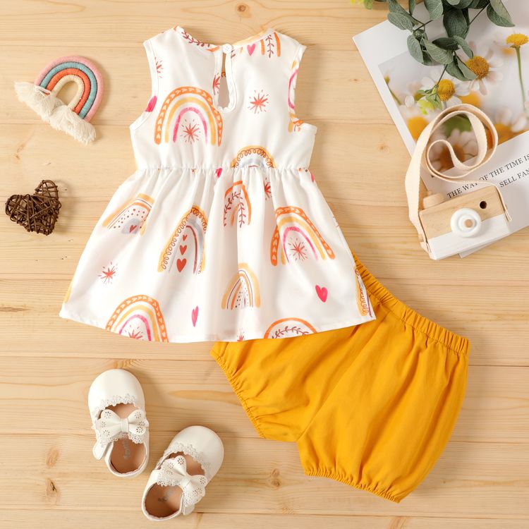 2pcs Baby Girl 100% Cotton Shorts and All Over Love Heart Rainbow Print Sleeveless Tank Dress Set DarkOrange