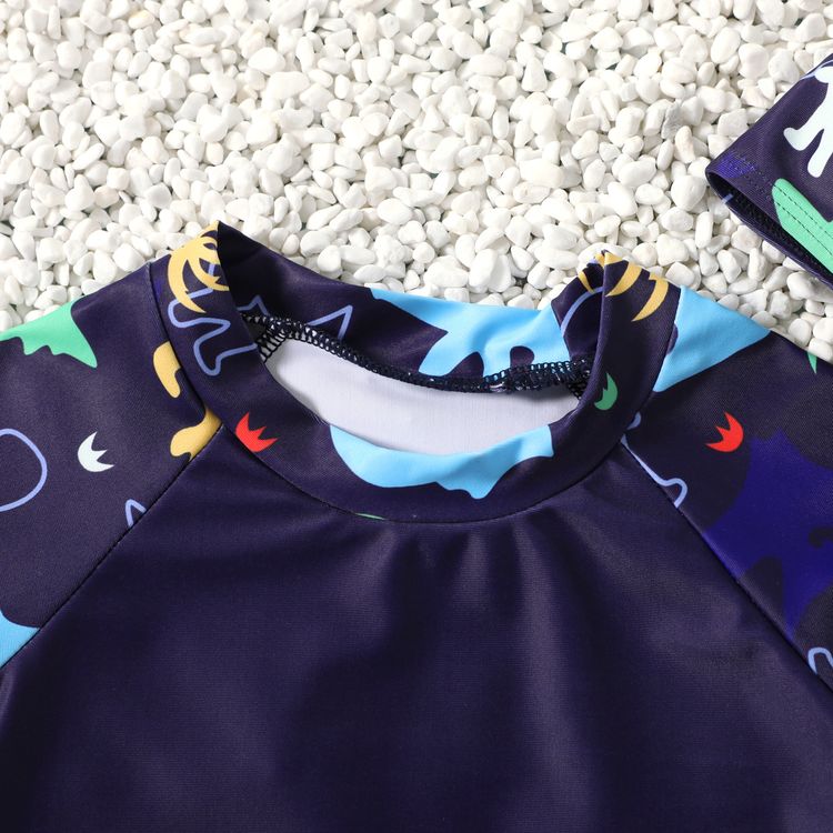 3pcs Toddler Boy Dinosaur Print Top & Shorts & Cap Swimsuit Set Dark Blue
