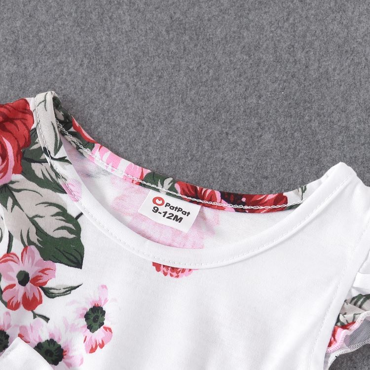 All Over Floral Print White Irregular Ruffle Hem Sleeveless Tank Dress for Mom and Me White