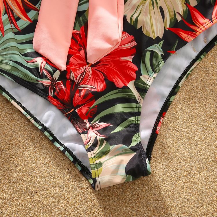 Family Matching Allover Floral Print Swim Trunks Shorts and Ruffle Belted One-Piece Swimsuit Pink