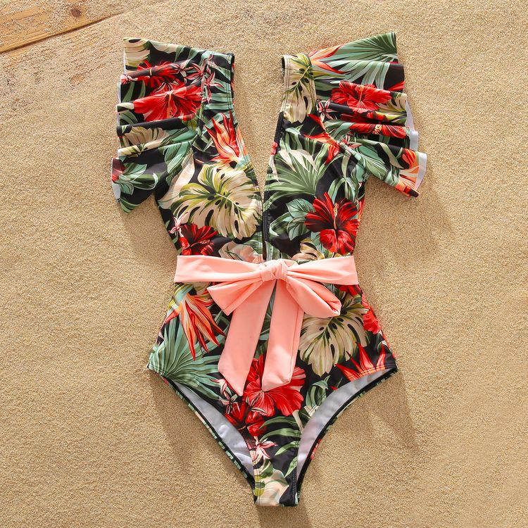 Family Matching Allover Floral Print Swim Trunks Shorts and Ruffle Belted One-Piece Swimsuit Pink