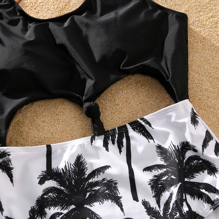 Family Matching Allover Coconut Tree Print Swim Trunks Shorts and Hollow Out One-Piece Swimsuit Black
