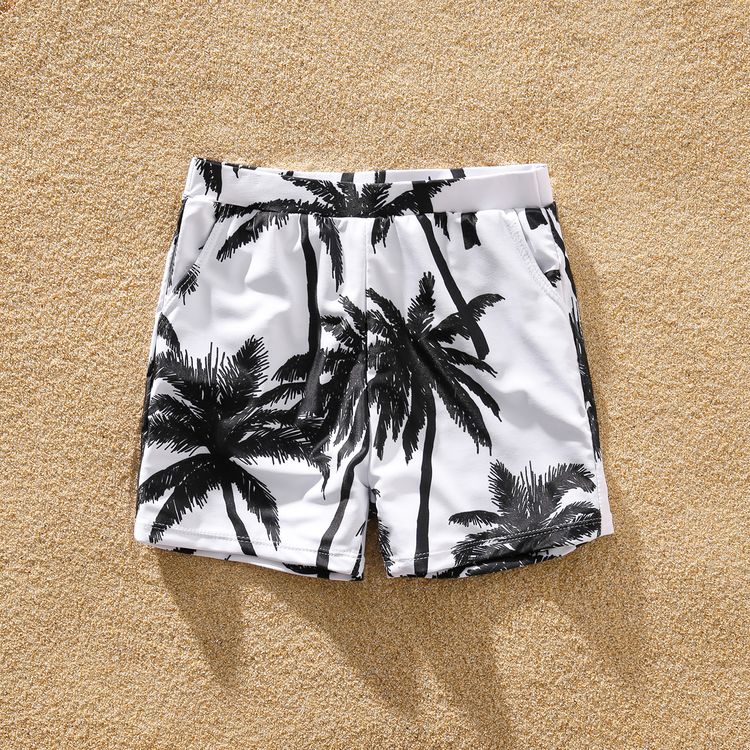 Family Matching Allover Coconut Tree Print Swim Trunks Shorts and Hollow Out One-Piece Swimsuit Black
