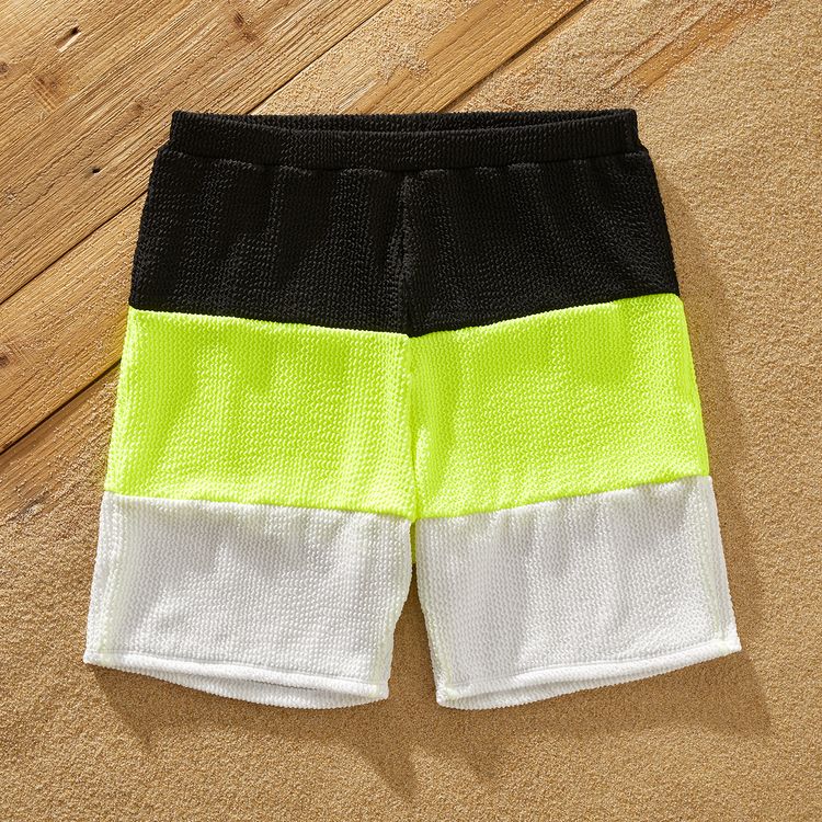 Family Matching Textured Colorblock Swim Trunks Shorts and Spaghetti Strap V Neck One-Piece Swimsuit ColorBlock