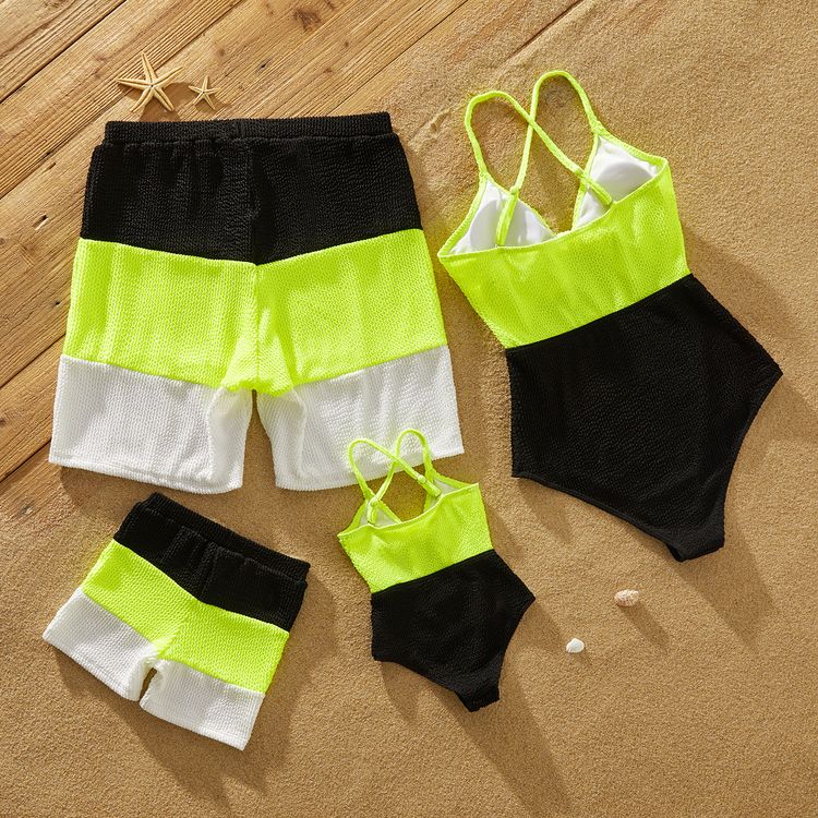 Family Matching Textured Colorblock Swim Trunks Shorts and Spaghetti Strap V Neck One-Piece Swimsuit ColorBlock