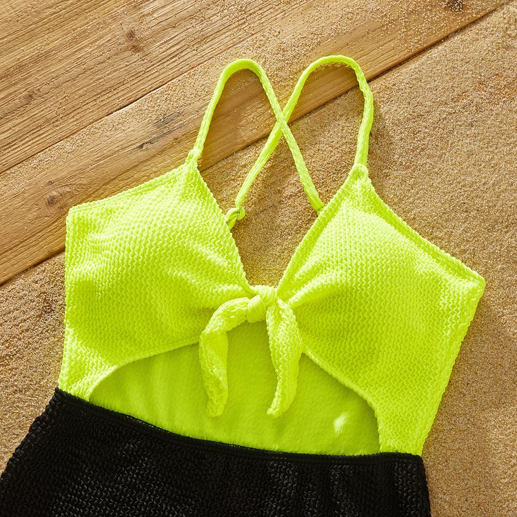 Family Matching Textured Colorblock Swim Trunks Shorts and Spaghetti Strap V Neck One-Piece Swimsuit ColorBlock