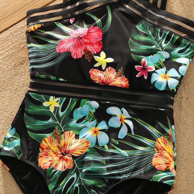 Family Matching All Over Tropical Plants Print Black Swim Trunks Shorts and Webbing One-Piece Swimsuit Black