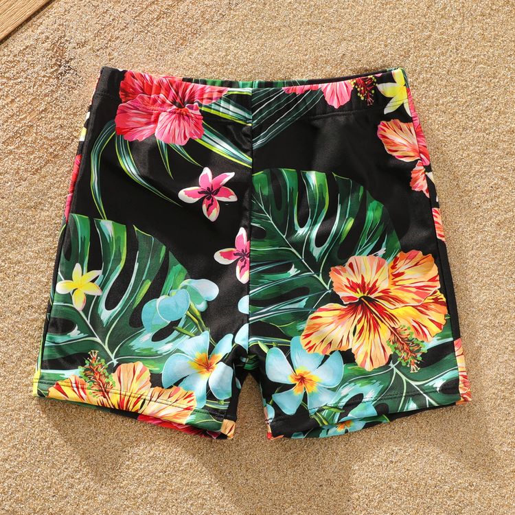 Family Matching All Over Tropical Plants Print Black Swim Trunks Shorts and Webbing One-Piece Swimsuit Black