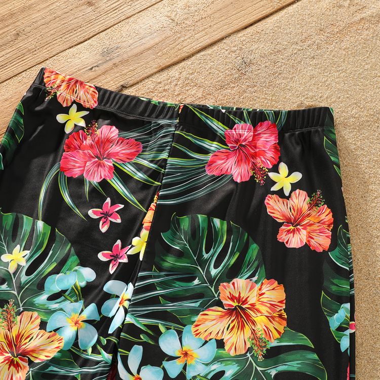 Family Matching All Over Tropical Plants Print Black Swim Trunks Shorts and Webbing One-Piece Swimsuit Black