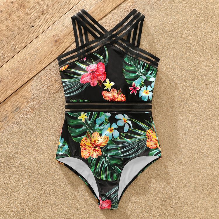 Family Matching All Over Tropical Plants Print Black Swim Trunks Shorts and Webbing One-Piece Swimsuit Black