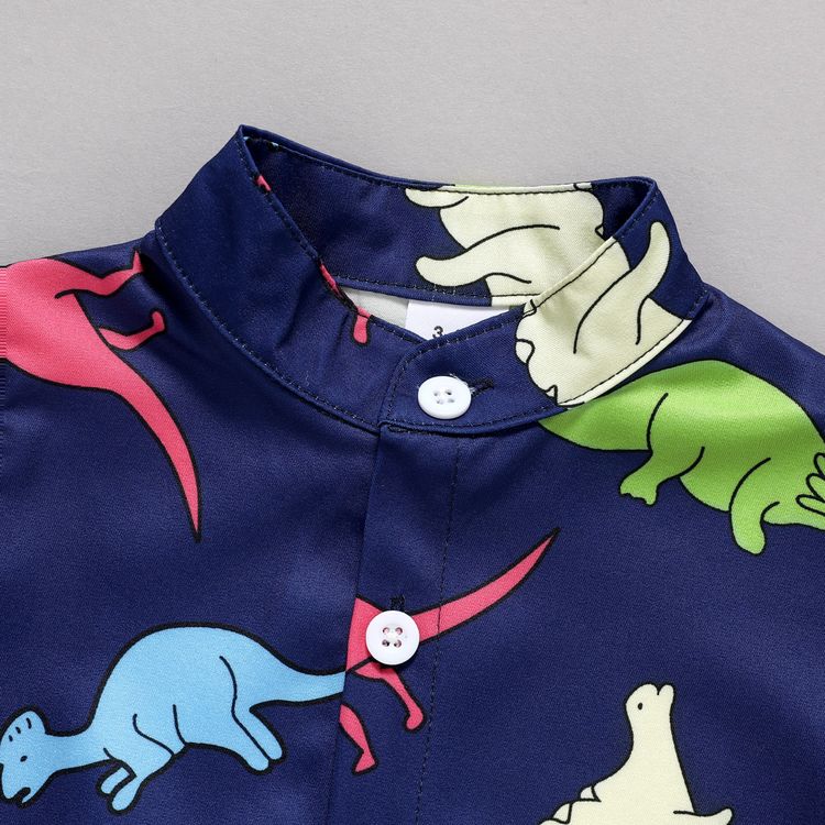 2pcs Baby Boy All Over Dinosaur Print Short-sleeve Shirt and 100% Cotton Shorts Set Dark Blue