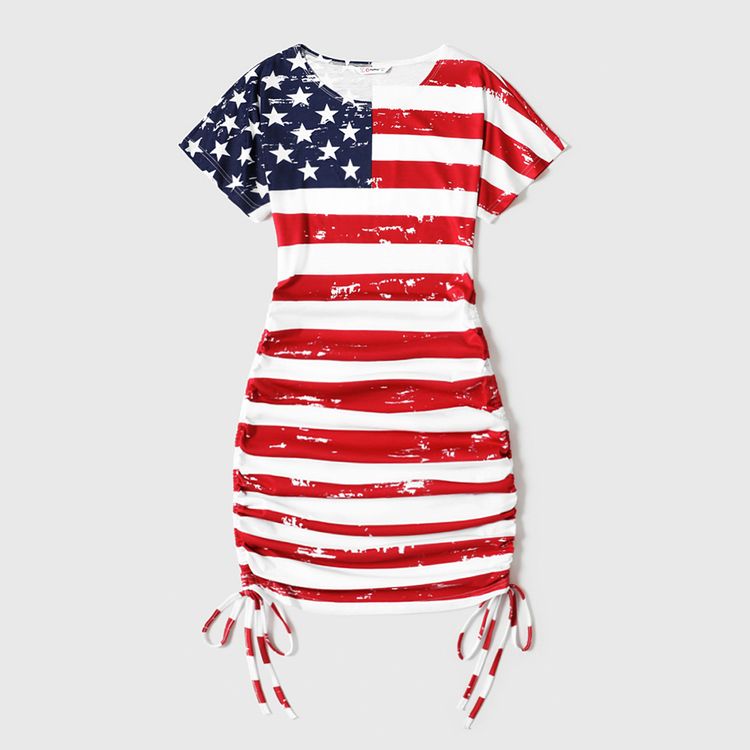 Stars and Striped Print Short-sleeve Drawstring Ruched Bodycon T-shirt Dress for Mom and Me Red