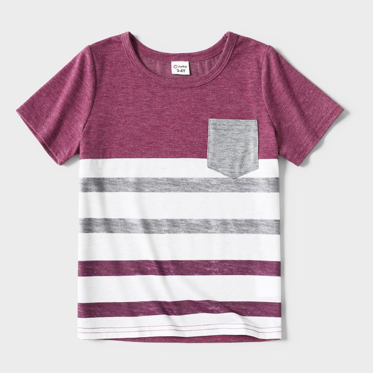 Family Matching Solid V Neck Sleeveless Button Up Drawstring Dresses and Striped Colorblock Short-sleeve T-shirts Sets deeppurple