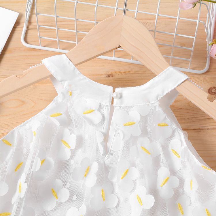 Kid Girl 3D Floral Design Bowknot Decor Mesh Halter Dress White