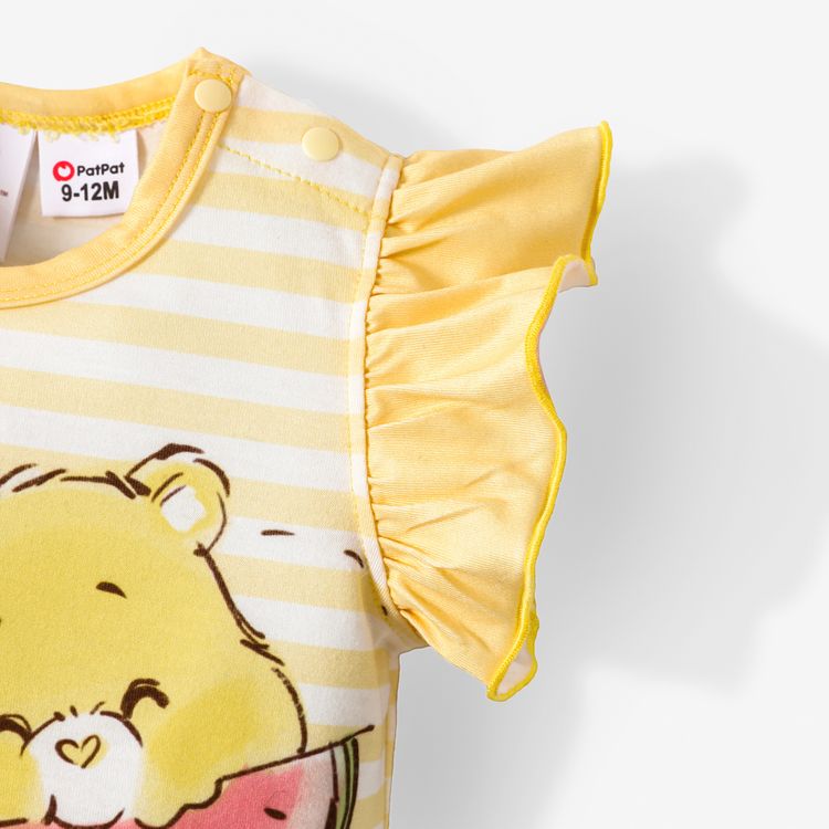 Care Bears Baby Girl Cartoon Bear Print Yellow Short-sleeve Romper COLOREDSTRIPES